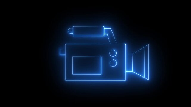 Glowing neon video-camera icon isolated on black background. HD Video motion graphic animation. Glowing neon line video camera icon animation. 