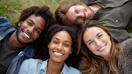 Obraz premium Faceless group of happy diverse friends lying in circle on grass in park smiling upwards together, outdoor bonding, friendship connection, youth recreation, with copy space