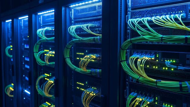 Network server rack with blinking light and connected ethernet cable. Internet data center for modern technology communication.