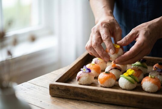 A chef delicately arranging a variety of colorful temari sushi balls, some topped with edible flowers, on a wooden tray.