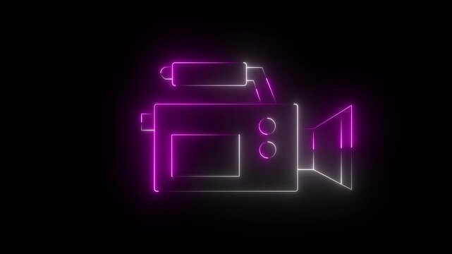 Glowing neon video-camera icon isolated on black background. HD Video motion graphic animation. Glowing neon line video camera icon animation.4k animation