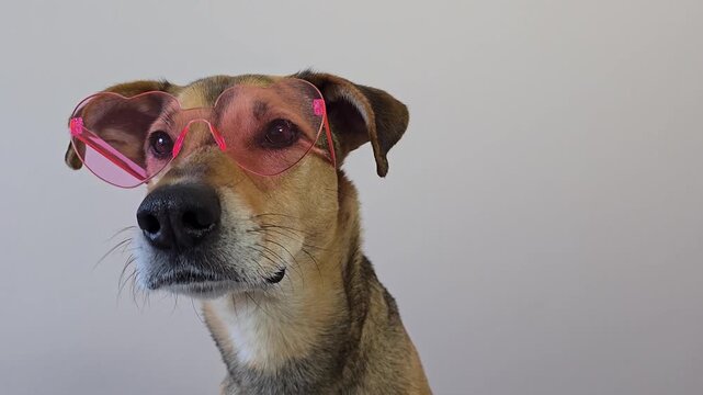 Dog wearing pink heart-shaped glasses looking attentively at the camera. Studio portrait of a domestic pet positioned on the right side with copy space on gray background