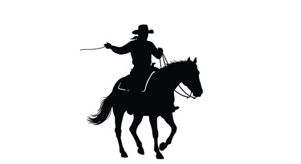 Cowboy on horseback dynamically posed against a white background silhouette