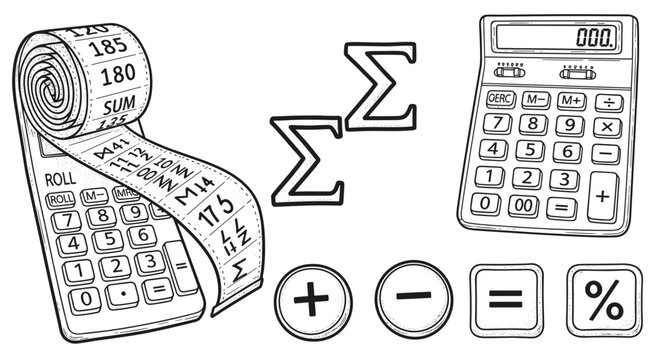 Calculator and adding machine with math symbols