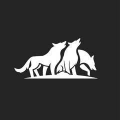 Obraz premium Three White Wolves Howling Silhouette Logo on Black Background