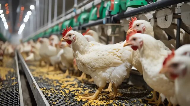 Broiler Chickens Feeding in Large Industrial Poultry Farm