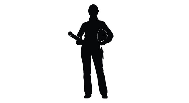 A dark silhouette of a woman holding plans and a helmet silhouette
