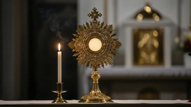 Catholic Monstrance with Candle in Church, Holy Sacrament Display