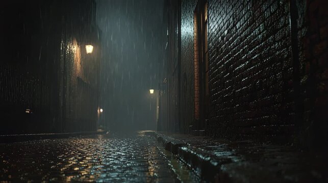 Empty narrow alley at night during heavy rain with glowing street lights reflecting on wet cobblestone pavement