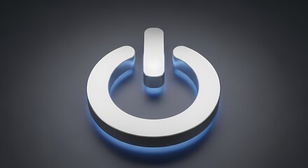 Metallic power button icon with blue glow