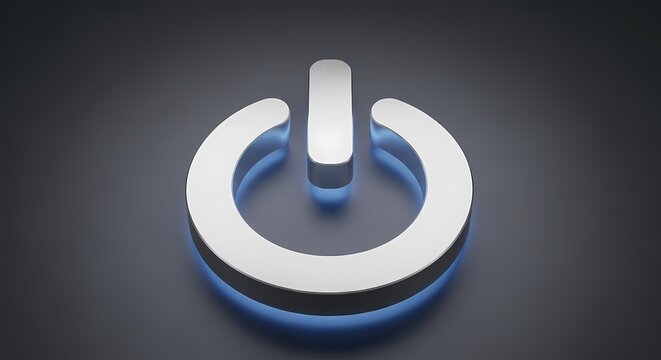 Metallic power button icon with blue glow