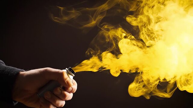 A hand holding a vape device releases a large cloud of yellow-tinted vapor against a dark background