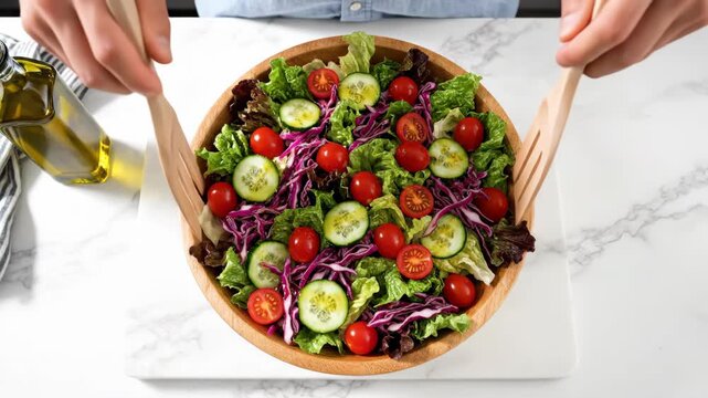 Fresh Salad with Tomatoes, Cucumbers  Lettuce in Wooden Bowl - Healthy Food