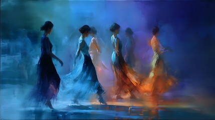 Fototapeta premium Impressionistic Painting of Women in Flowing Dresses Dancing in Blue and Orange Light artistic photo