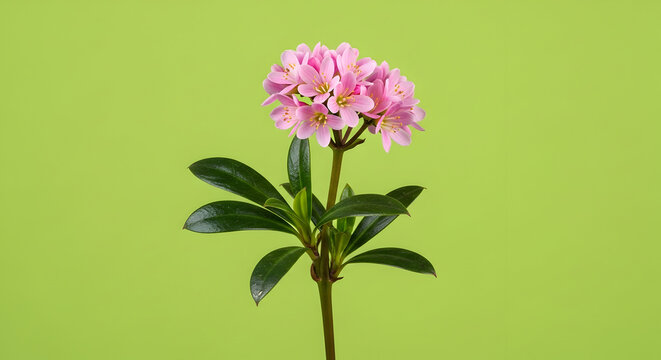 Delicate pink flowers blooming on a slender stem with lush green leaves isolated on a vibrant lime green background, perfect for spring or floral themes.
