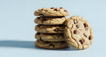 Stack of freshly baked chocolate chip cookies on a light blue background with a single cookie leaning against the stack.