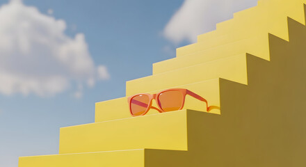 Fototapeta premium Sunglasses resting on yellow stairs against a clear blue sky with fluffy white clouds, symbolizing a sunny day or summer vacation.