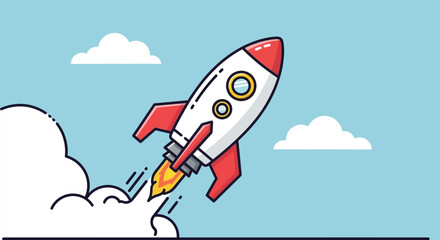 Cartoon illustration of a rocket launching into the sky.