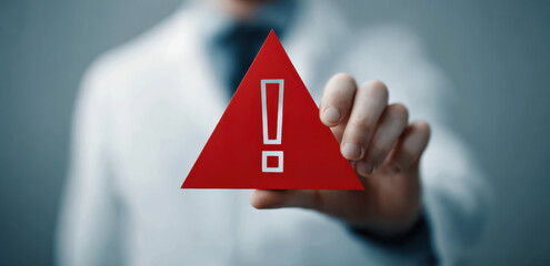 Doctor holding red warning triangle symbol for medical alert and health risk awareness