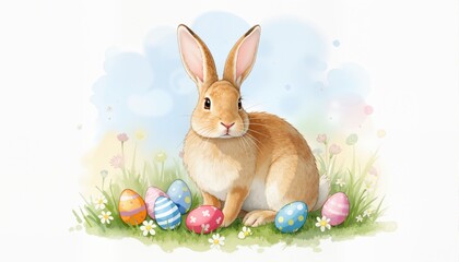 Obraz premium Watercolor Easter bunny with eggs 