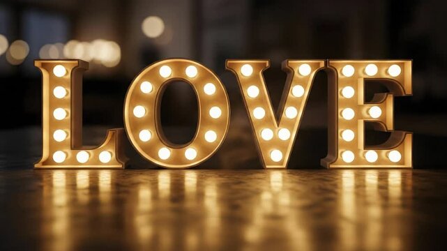 Illuminated LOVE Marquee Sign with Warm Bokeh Lights, Romantic Decor