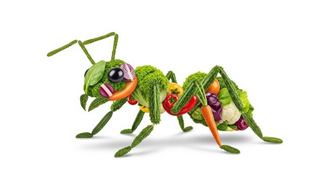 Creative ant made of vegetables on white background