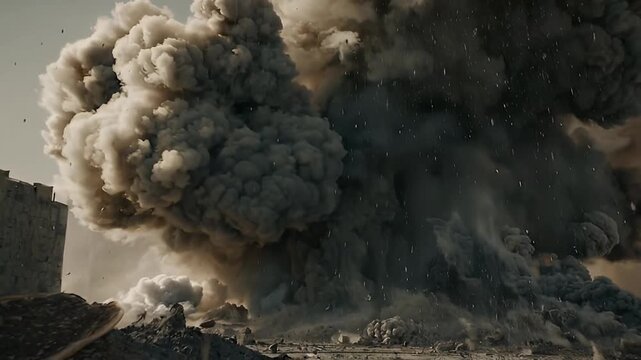 Cinematic explosion overlay with dust and smoke rising from demolition site
