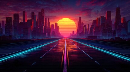 Obraz premium A city skyline stands against a colorful sunset. The large sun casts bright hues across the buildings. The road reflects the colors of the sky creating a vibrant scene.
