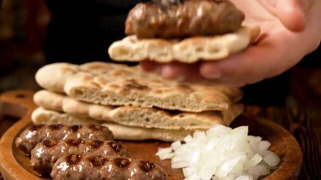 Cevapi Meat Dish with Onion and Bread.