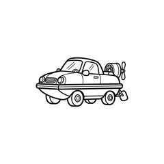 Obraz premium Simple black and white line drawing of a cartoon car with a propeller.