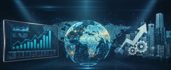 Futuristic digital globe flanked by financial dashboards and growth arrows representing global business intelligence and economic data analysis.