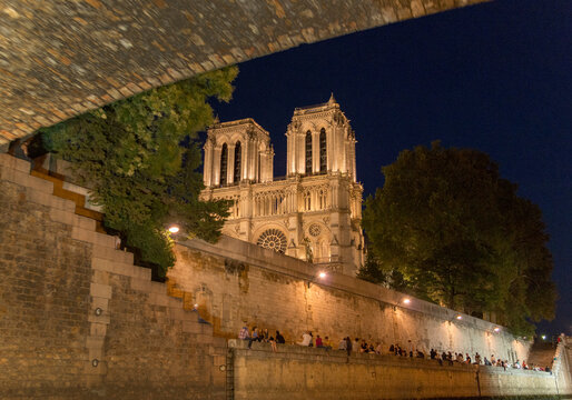 EU, France, Paris.  Towers of the Notre Dame Cathedral.  Viewed from the Seine River.