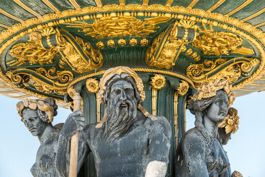 France, Paris.  Fontaines de la Concorde in central Paris.  Famous fountains designed by Jacques Ignace Hittorff