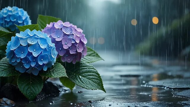Hydrangeas Blooming in the Rain Generative AI