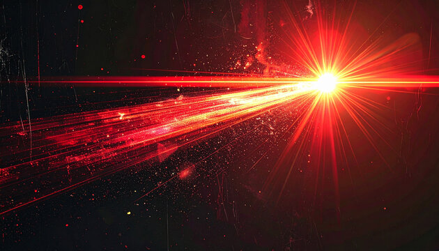 Bright red laser beam with radiating light rays and glowing particles against a dark textured background with scratches