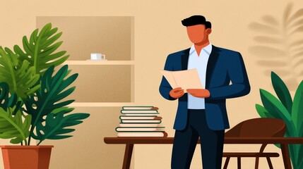 Fototapeta premium A man in a suit reads documents in a modern office with plants, books, and minimalist decor.
