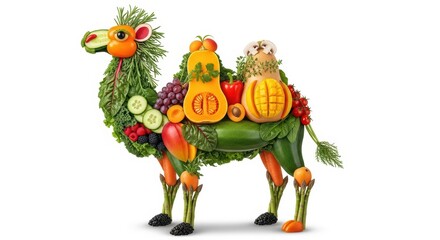 Fototapeta premium Creative camel sculpture made from fresh vegetables