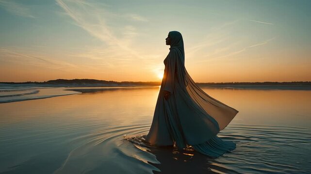Silhouette of elegant Muslim woman in hijab and flowing dress walking in shallow beach water at sunset