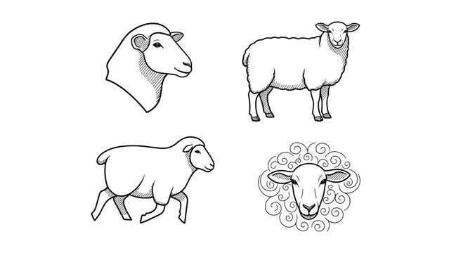 Collection of Black and White Sheep Line Art Icons