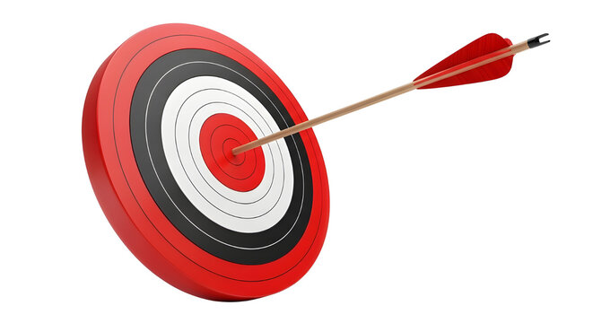 Red and black target with a wooden arrow hitting the bullseye, symbolizing precision, success, and goal achievement. Rendered in a clean 3D style with a glossy finish