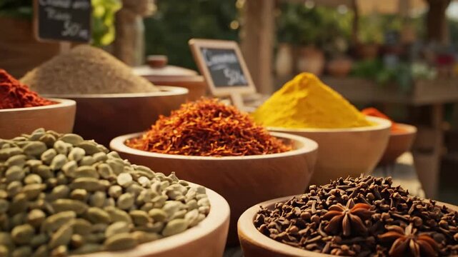 Assorted Spices in Bowls at Market Stall.