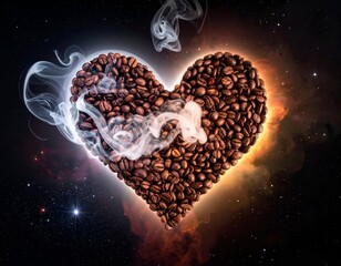 Heart of coffee beans, cosmic backdrop, with swirling smoke and glowing effect