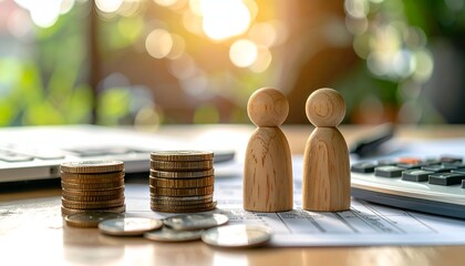 Wooden figures near coins and calculator, representing financial planning