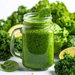 Green smoothie in a jar, surrounded by kale, spinach, and lime
