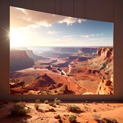 A large screen displays a canyon landscape, sunlight streaming