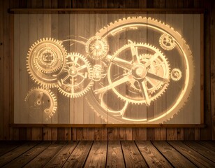 Glowing gears graphic overlaid on a wooden board against wood