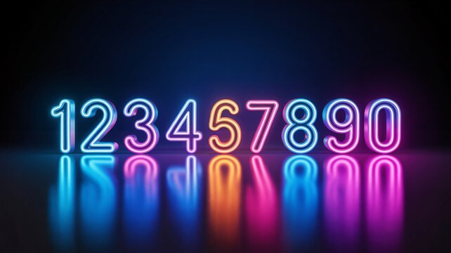 The numbers zero through nine are displayed in a glowing neon font against a dark background. The digits transition through a gradient of blue, purple, and orange hues, casting reflections on the surf
