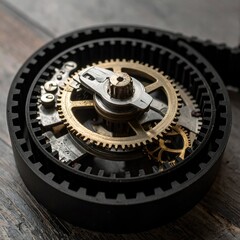 Close-up of mechanical gears and belt on a wooden surface