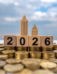 Wooden blocks spelling "2026" with tiny building atop coins, cloudy sky background