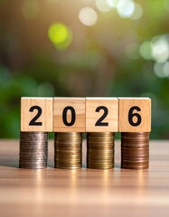 Cubes spelling 2026 sit atop stacks of coins against blurred greenery